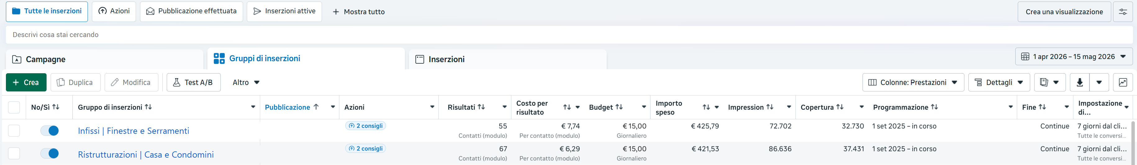 Campagna Meta Ads finestre — 55 lead